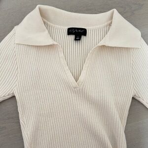 Cream Ribbed Knit Collared Sweater
